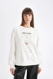 Relax Fit Crew Neck Printed Thin Casual Sweatshirt