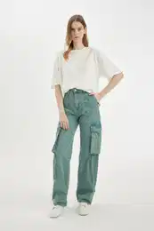 Wide Leg Cargo High Waist Long Jean Washed Trousers