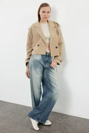 Blue Faded Effect Vintage Wash Effect High Waist Wide Leg Jeans