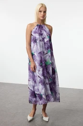 Purple Floral Shift Midi Woven Dress