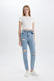 Lina Lina Mom Fit Ripped Detailed High Waist Ankle Length Jean Washed Trousers