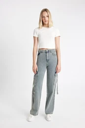 Wide Leg Cargo High Waist Long Soft Jean Washed Trousers