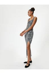 Leopard Patterned Long Dress with Slit Detail, Thick Straps, Wrap