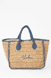 Women's Text Embroidered Straw Handbag