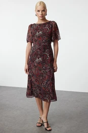 Red Animal Patterned A-Line Angel Sleeve Lined Chiffon Midi Woven Dress