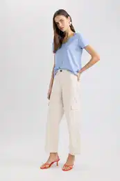 Straight Fit Cargo Pocket High Waist Wide Leg Gabardine Trousers