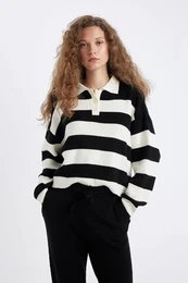 Regular Fit Buttoned Striped Polo Neck Knitwear Sweater