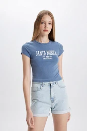 Fitted Crew Neck Printed Ribbed Short Sleeve T-Shirt