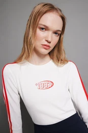 White Cool Fitted Bodycon Crew Neck Printed Ribbed Long Sleeve T-Shirt
