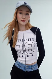 Cool Fitted Crew Neck Printed Ribbed Camisole Long Sleeve T-Shirt