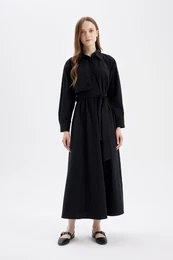 Shirt Collar Basic Plain Buttoned Belted Poplin Long Sleeve Maxi Black Dress