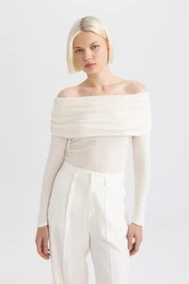 Slim Fit Slim Cut Off Shoulder Casual Ribbed Long Sleeve T-Shirt