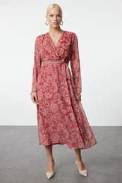Burgundy Floral Patterned Belted A-Line Double Breasted Collar Lined Chiffon Maxi Woven Dress