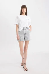 Paperbag High Waist Fold-Ankle Jean Shorts