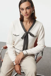 Anthracite Ribbon/Bow Detailed Knitwear Cardigan