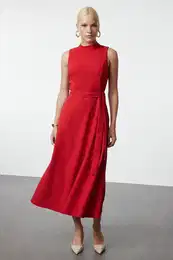 Red Belted Waist Opening Stand Collar Midi Woven Dress