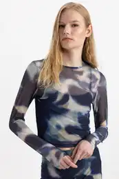 Slim Fit Slim Cut Crew Neck Patterned Tulle Long Sleeve Blouse