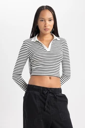 Fitted Striped Polo Collar Long Sleeve T-Shirt