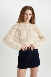 Crop Boat Neck Crochet Sweater