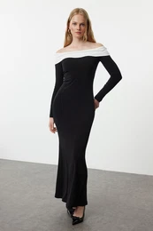 Black Color Block Fitted Carmen Neck Stretchy Maxi Knitted Dress
