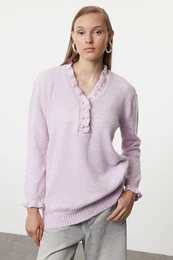 Lilac Pearl Buttoned Soft Textured Knitwear Sweater