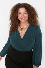 Curve Green Balloon Sleeve Double Breasted Neckline Knitted Crop Blouse