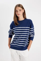 Relax Fit Crew Neck Striped Thin Sweatshirt