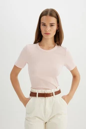 Slim Fit Crew Neck Ribbed Camisole Short Sleeve T-Shirt