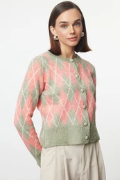Green Boucle Jacket-Looking Knitwear Cardigan
