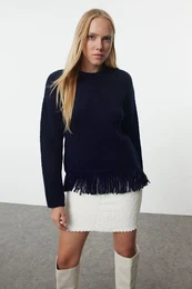 Navy Blue Soft Textured Tassel Detailed Knitwear Sweater