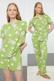 Green 3-Pack 100% Cotton Rabbit and Heart Knitted Pajama Set