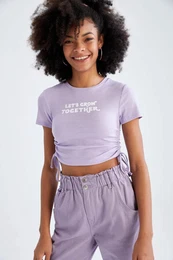 Fitted Crew Neck Printed Tie Waist Datey Short Sleeve T-Shirt