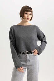 Relax Fit Boat Neck Washed Faded Effect Sweater