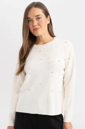 Regular Fit Crew Neck Stone Knitted Sweater