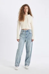 Baggy Fit High Waist Folded Leg Ankle Length Jean Washed Trousers