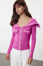 Pink Color Block Turn-down Collar Knitwear Cardigan