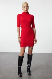 Red Mini Knitwear Stand Collar Dress