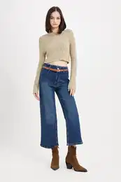 Culotte High Waist Short Wide Leg Jean Washed Trousers