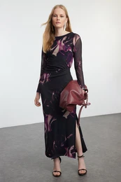 Purple Abstract Printed Tulle Fitted Stretchy Knitted Bottom-Top Set