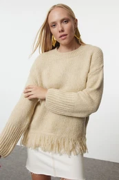 Stone Soft Textured Tassel Detailed Knitwear Sweater