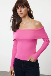 Pink Premium Yarn/Special Yarn Carmen Collar Knitwear Sweater