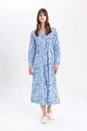 V Neck Printed Flame Cotton Long Sleeve Basic Dress