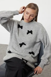 Grey Bow Detailed Knitwear Sweater