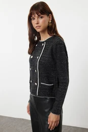 Black Double Breasted Knitted Cardigan