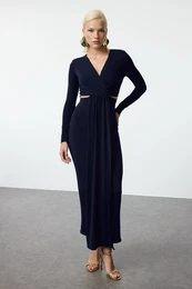 Navy Blue Cut Out/Window Detailed Knitted Long Chic Midi Evening Dress & Graduation Dress