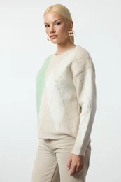Stone Soft Textured Diamond Patterned Crew Neck Knitwear Sweater