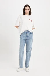 Straight Fit High Waist Ankle Length Jean Washed Trousers