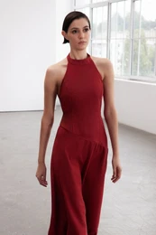 Limited Edition Burgundy Backless Halter Neck Midi Woven Dress