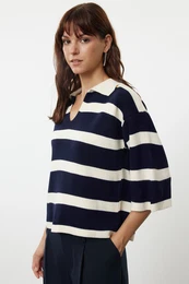 Cream Polo Collar Basic Striped Knitwear Sweater