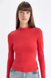Red Slim Fit Slim Fit Half Turtleneck Casual Basic Plain Long Sleeve T-Shirt